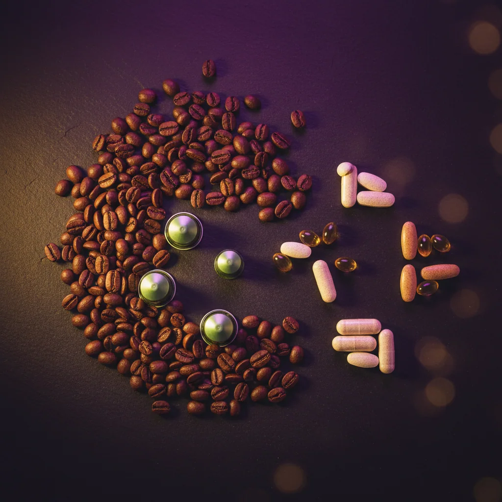 Kaffee mit Nährstoffen angereichert - Zutaten Flatlay auf dunklem Schiefer