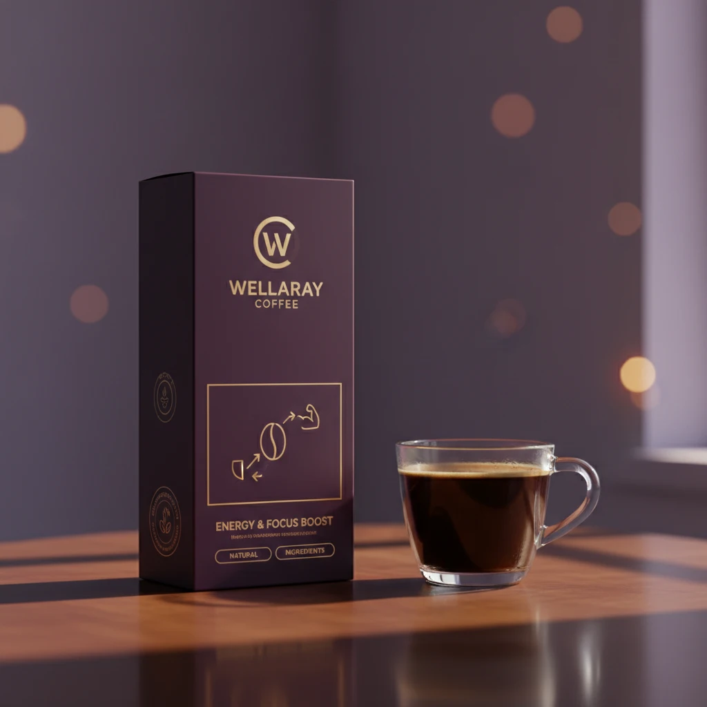 Wellaray Coffee Supplement Packung auf dunklem Holztisch mit Kaffeeglas